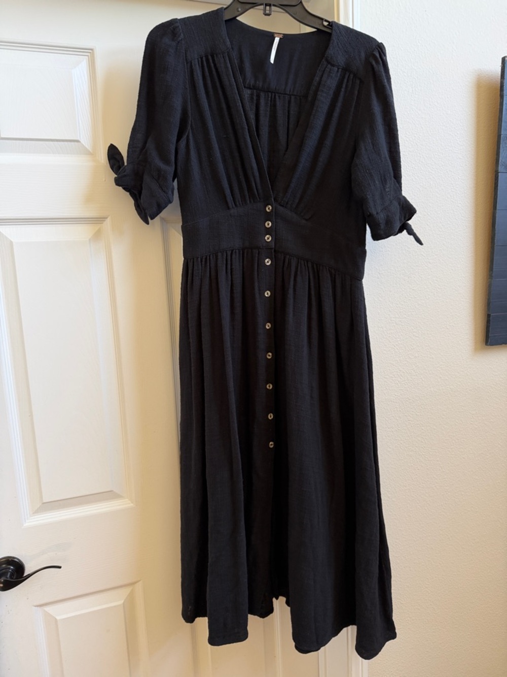 Free People Black Button-Front Midi Dress with Tie Sleeves 100%Cotton